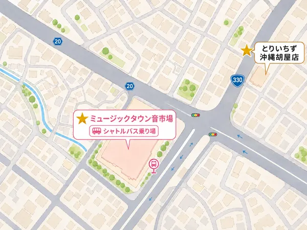 とりいちず沖縄胡屋店とミュージックタウン音市場、シャトルバス乗り場の位置関係を示した案内地図