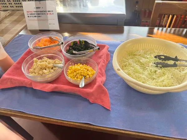 県民ステーキのセルフサービスに並ぶキャベツ、にんじん、ワカメ、コーン、マカロニサラダ